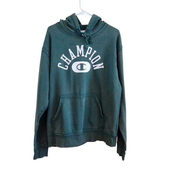 Champion Spellout Logo Long Sleeve Hooded Sweatshirt Pullover Teal Size Medium - Picture 1 of 8